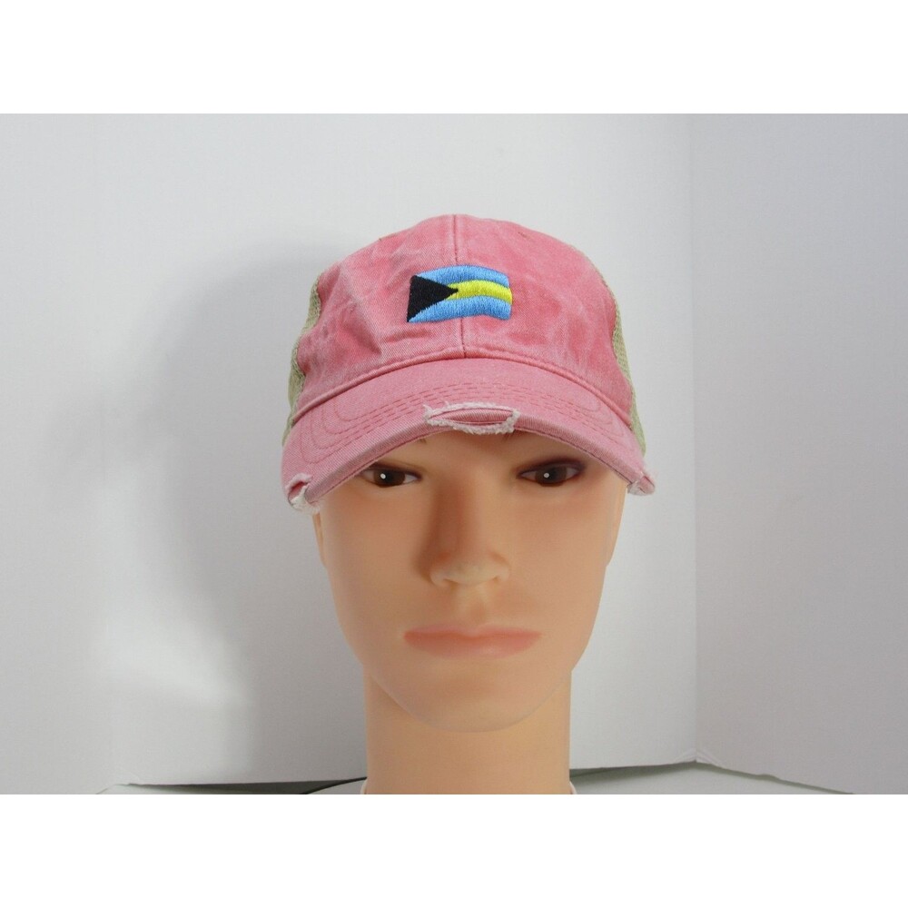 ADAMS Bahamas Flag Distressed Trucker Hat Men's Adjustable Pink Green Cap